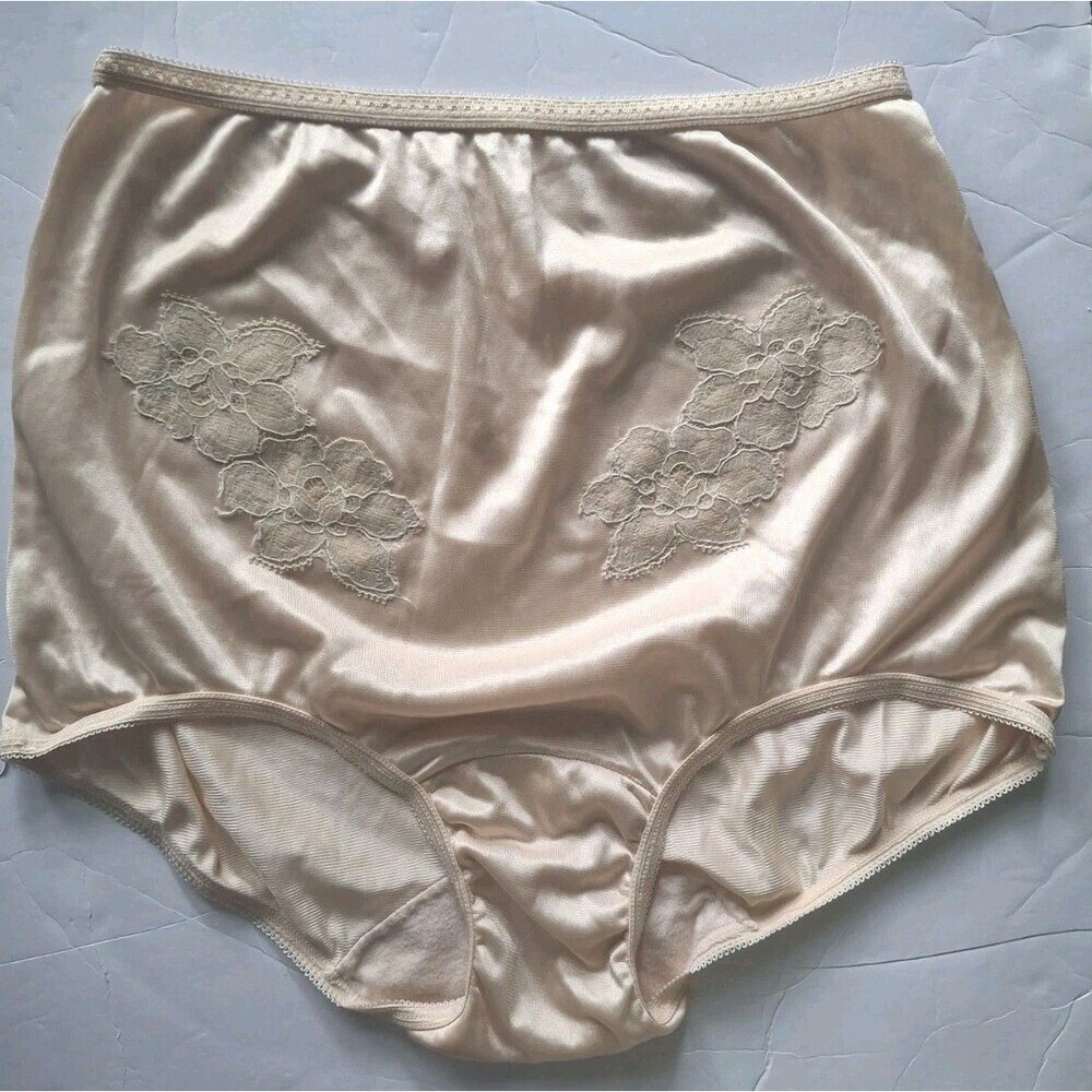 Vintage Cotillion Granny Panty Full Brief Sz 4 Tan High Waist Embroiderd Pin Up